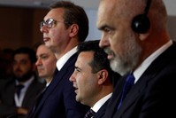North Macedonia's Prime Minister Zoran Zaev, Albania's Prime Minister Edi Rama and Serbia's President Aleksandar Vucic attend a news conference during trilateral meeting in Ohrid, North Macedonia November 10, 2019. (REUTERS Photo)