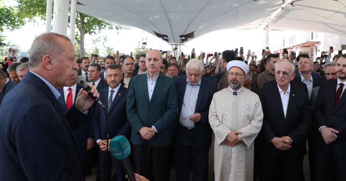 President Recep Tayyip erdou011fan addresses people during absentia funeral prayers, in Istanbul June 18, 2019. 
