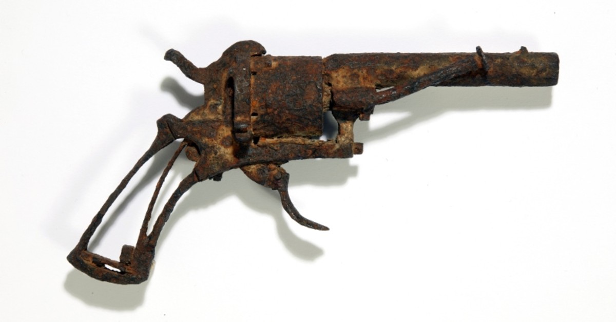 This photo provided by AuctionArt/Drouot on Wednesday April 3, 2019 shows the revolver it's believed was used by Dutch painter Vincent van Gogh to take his own life. (AP Photo)