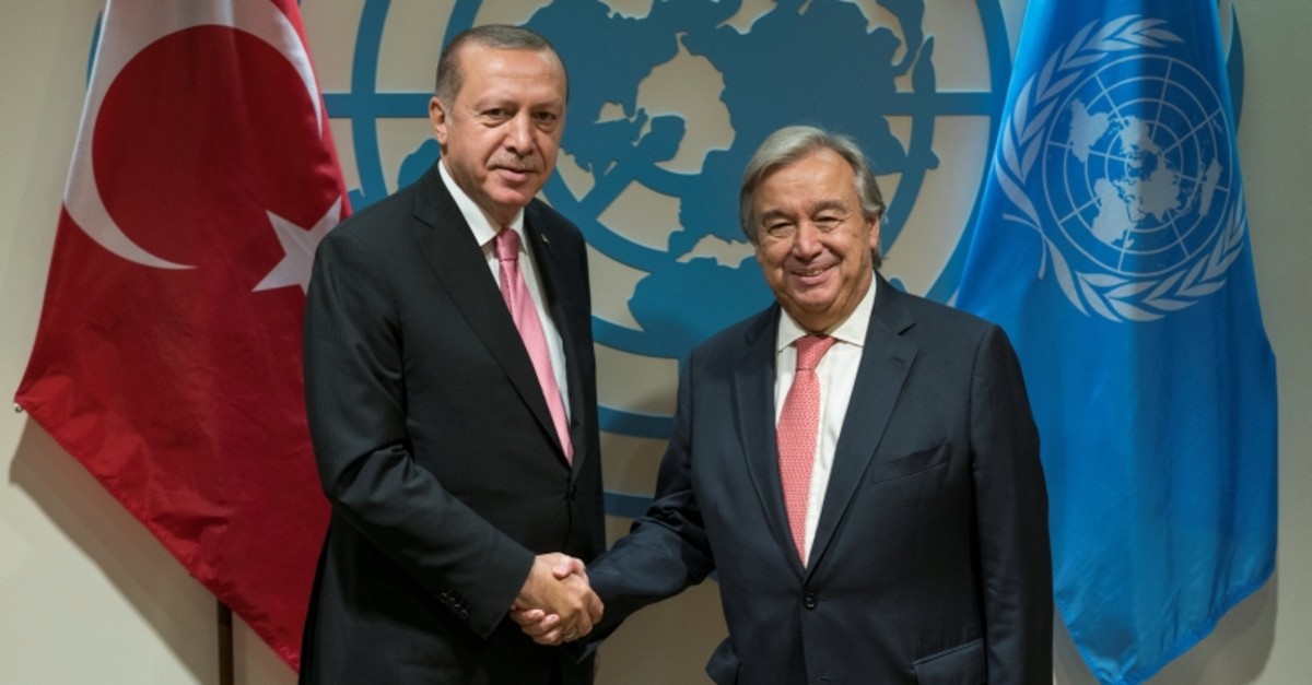 President Recep Tayyip Erdogan meets with United Nations Secretary-General Antonio Guterres on the sidelines of the 72nd United Nations General Assembly at U.N. Headquarters in Manhattan, New York, U.S., September 19, 2017. (REUTERS Photo)
