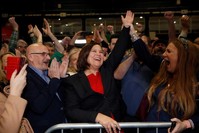 Sinn Fein leader Mary Lou McDonald reacts after the announcement of voting results in a count center, Dublin, Feb. 9, 2020. (REUTERS Photo)