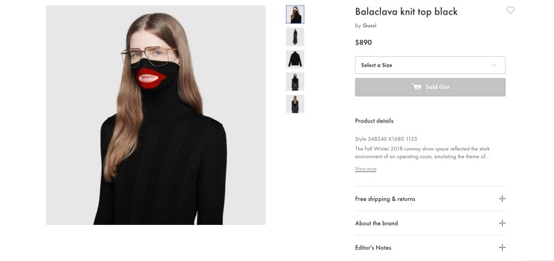 A screenshot taken on Thursday Feb.7, 2019 from an online fashion outlet showing a Gucci turtleneck black wool balaclava sweater for sale, that they recently pulled from its online and physical stores. (AP Photo)