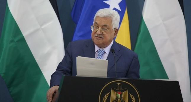 Palestinian President Mahmoud Abbas speaking during an official visit by Bosnian President Izetbegovic (AA Photo)