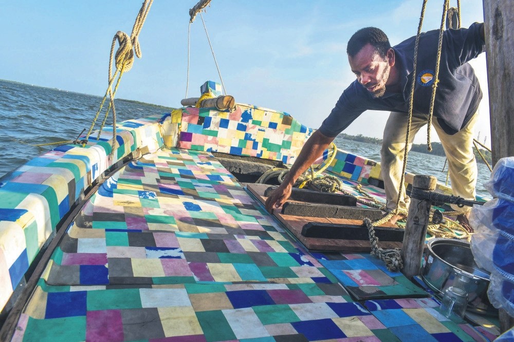 The dhow made from recycled plastic floats during its official voyage launch at Lamu Island off northern coast of Kenya, on Jan. 23, 2019.