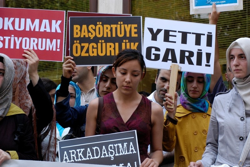 Demonstrators protest the ban on headscarves in Turkey in June, 2008. (SABAH Photo)