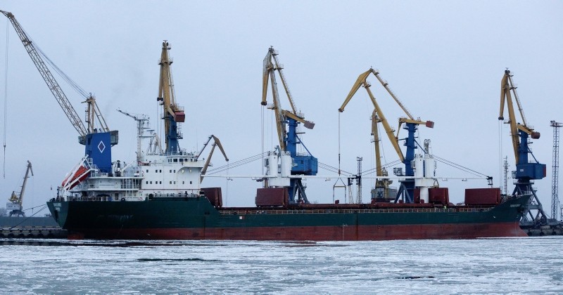 A ship at the pier in Mariupol trade port in Mariupol, south coast of Azov sea, eastern Ukraine, Sunday, Dec. 2, 2018. (AP Photo)