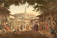 A painting of a bazaar in Greece depicting Muslims and Orthodox Christians living together under the rule of the Ottoman Empire. 