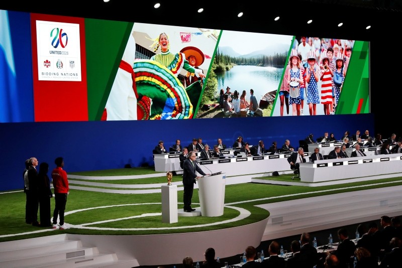 Decio de Maria, President of the Football Association of Mexico, presents a joint United bid by Canada, Mexico and the United States to host the 2026 World Cup at the FIFA congress in Moscow, Russia, Wednesday, June 13, 2018. (AP Photo)
