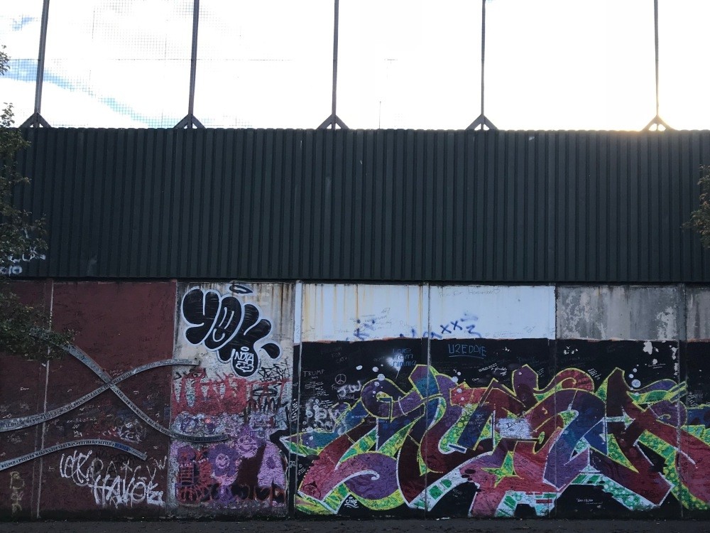 One of the many peace walls in Belfast.