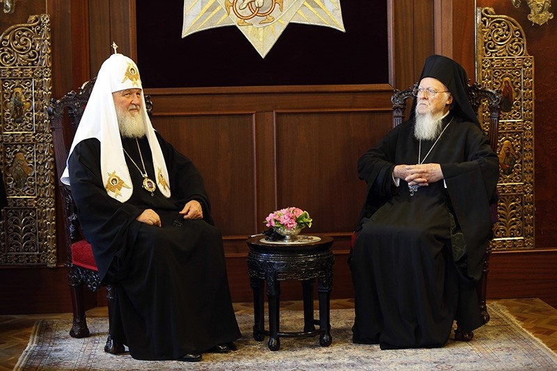 On Friday, Aug. 31, 2018, Ecumenical Patriarch Bartholomew I, right, the spiritual leader of the world's Orthodox Christians, sits with Patriarch Kirill of Moscow, left, during their meeting at the Patriarchate in Istanbul. (AP Photo)