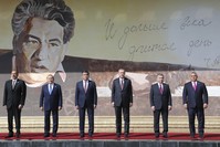 Azerbaijanu2019s Aliyev, Kazakhstanu2019s Nazarbayev, Kyrgyzstanu2019s Jeenbekov, President Erdou011fan, Uzbekistanu2019s Mirziyoyev and Hungaryu2019s  Orban pose for a photo in front of a portrait of Chingiz Aytmatov, a Kyrgyz author and diplomat