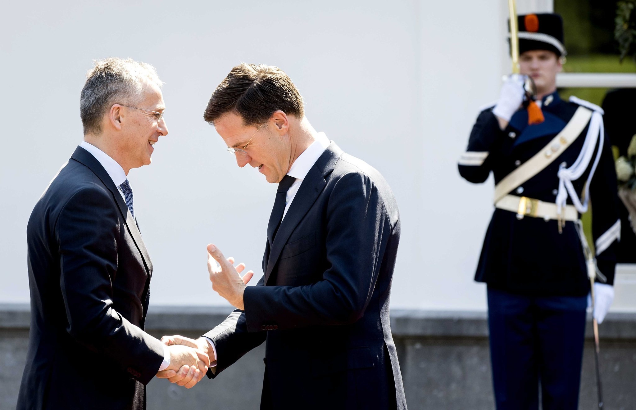 Dutch Prime Minister Mark Rutte (C) receives NATO Secretary General Jens Stoltenberg (L) for a worklunch at the Catshuis in The Hague, The Netherlands, 19 April 2018. (EPA Photo)