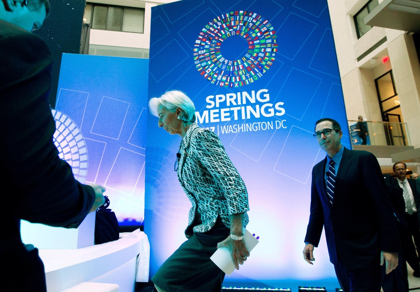 International Monetary Fund Managing Director Christine Lagarde and U.S. Treasury Secretary Steven Mnuchin arrive for a discussion on the U.S. economy during the World Bank/IMF Spring Meetings in Washington.