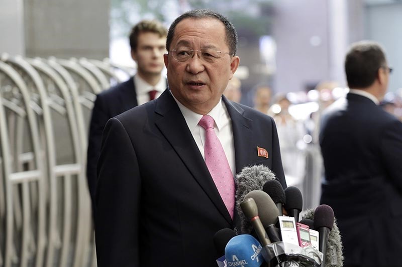 North Korea's Foreign Minister Ri Yong Ho speaks outside the U.N. Plaza Hotel, in New York, Monday, Sept. 25, 2017. (AP Photo)