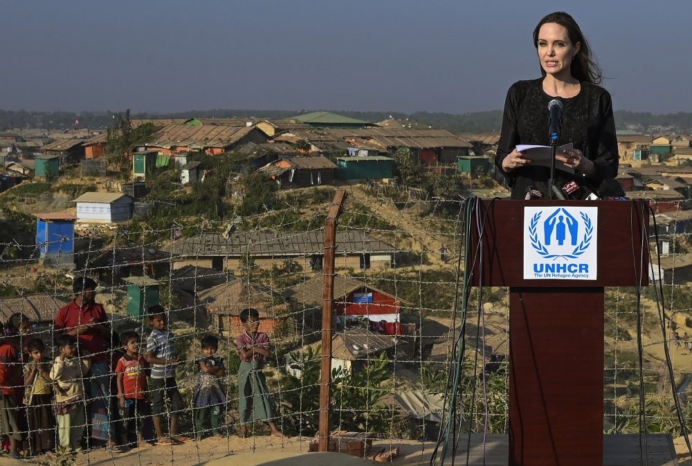 U.S. actress and a special envoy for the United Nations High Commissioner for Refugees (UNHCR), Angelina Jolie addresses a press conference, Ukhia, Feb. 5, 2019.