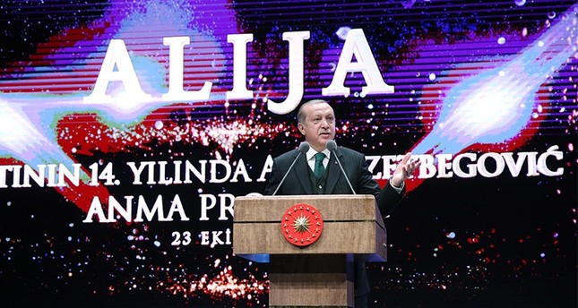 President Erdoğan speaking at the Beştepe Presidential Complex in Ankara commemorating the death of the late Bosnian leader Alija IzetBegovic, Oct. 23, 2017 (IHA Photo)