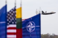Two U.S. F-22 fighters arrived from their base in Britain as a show of force to help Baltic members protect their borders with Russia, April 27, 2016. 