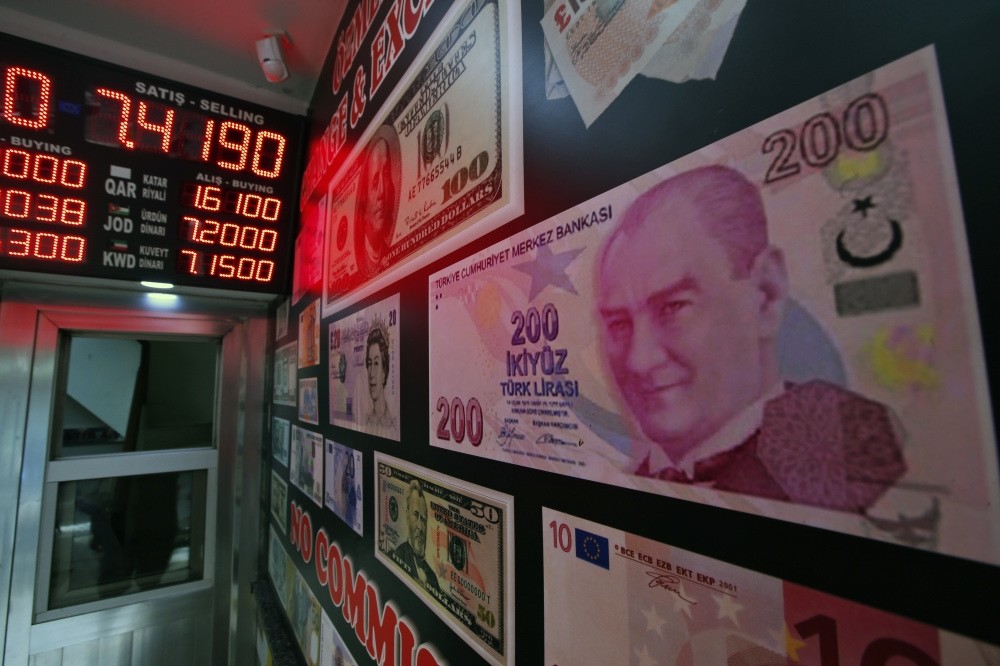 An oversized copy of a 200 Turkish lira banknote decorates a currency exchange shop in Istanbul.