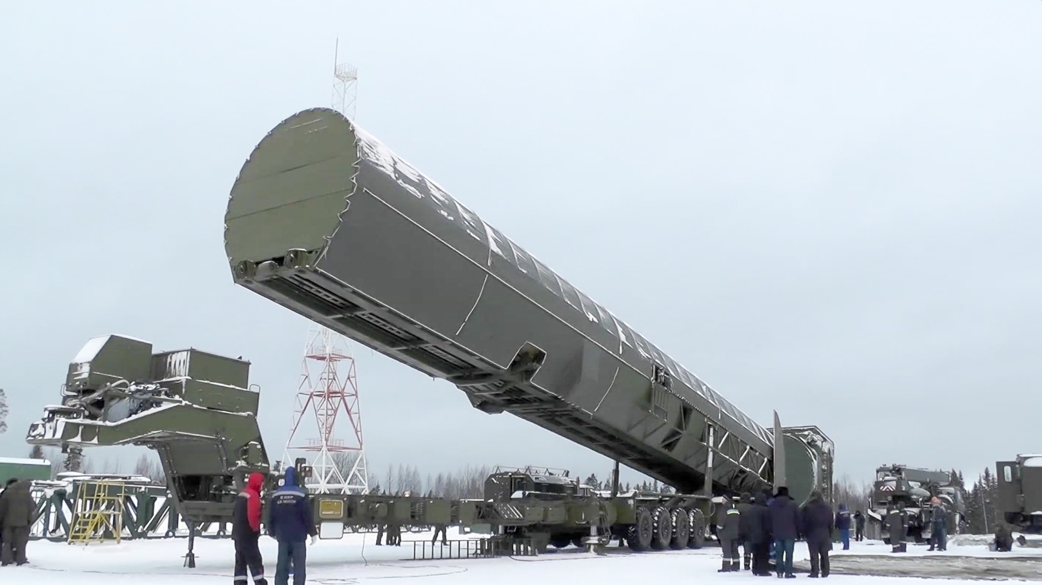 In this video grab provided by RU-RTR Russian television via AP television on Thursday, March 1, 2018, Russia's new Sarmat intercontinental missile is shown at an undisclosed location in Russia. (RU-RTR Russian Television via AP)