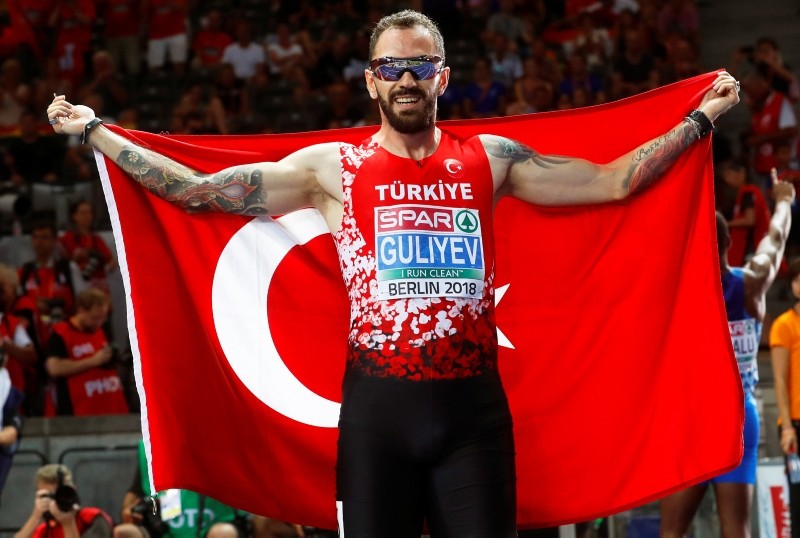 Ramil Guliyev of Turkey celebrates after winning the men's 200m final at the Athletics 2018 European Championships in Berlin, Germany, 09 August 2018. (EPA Photo)