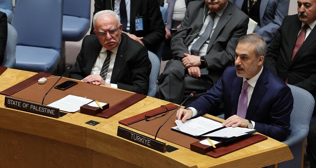 وزير الخارجية التركي يلقي كلمة خلال جلسة رفيعة المستوى حول غزة بمجلس الأمن الدولي، 23-1-2024. صورة: الأناضول
