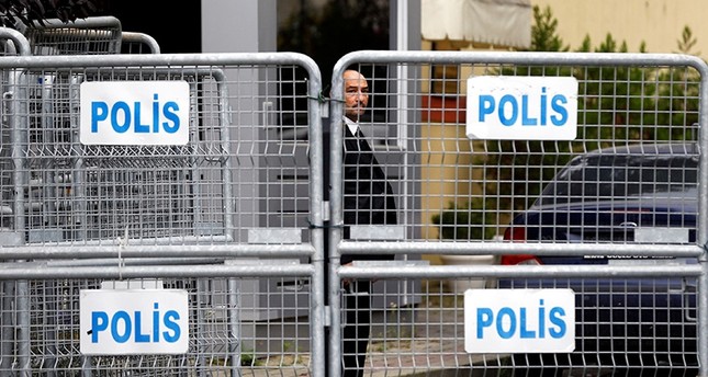 A member of security staff is seen next to the barriers at the gate of Saudi Arabia's consulate in Istanbul, Turkey, Oct. 21, 2018. (Reuters Photo)