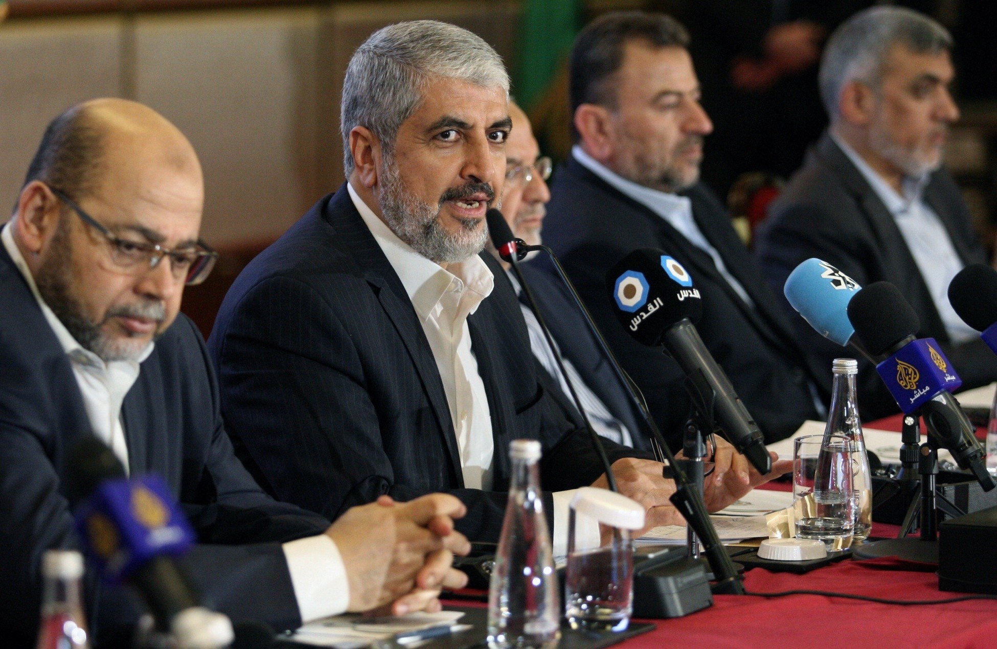 Hamas leader Khaled Mashal announcing the new Hamas policy declaration, Doha, Qatar, May 1.