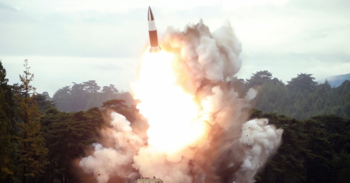 This picture taken on August 16, 2019 and released on August 17 by North Korea's KCNA shows the test-firing of a new weapon, presumed to be a short-range ballistic missile, at an undisclosed location. (AFP Photo)