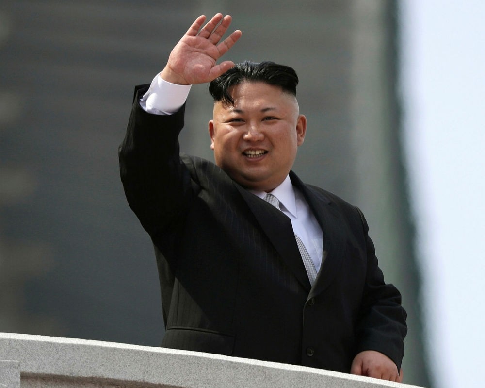 North Korean leader Kim Jong Un waves during a military parade to celebrate the 105th birth anniversary of Kim Il Sung in Pyongyang, North Korea on April 15.