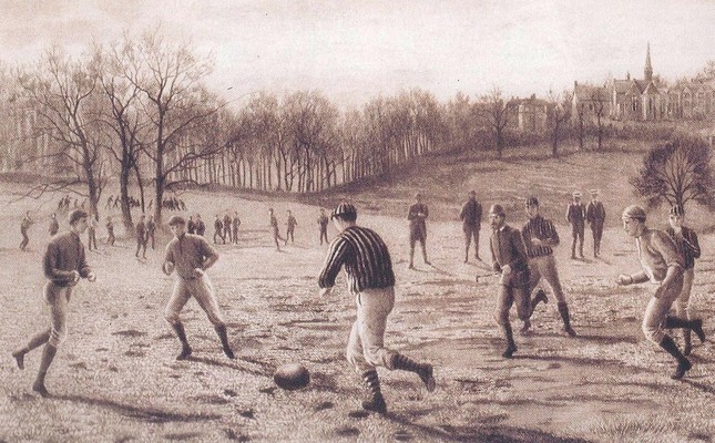 Diese Zeichnung von einem unbekannten Künstler zeigt Fußball spielende Männer im England des 19. Jahrhunderts.