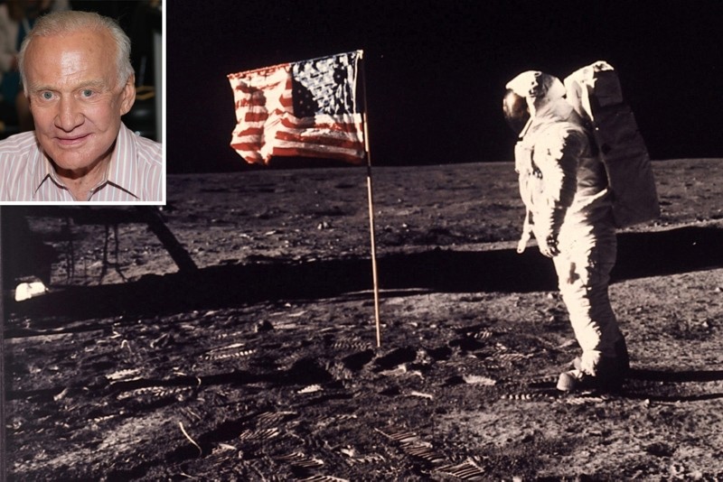 Astronaut Edwin E. ,Buzz, Aldrin Jr.  poses for a photograph beside the U.S. flag deployed on the moon during the Apollo 11 mission on July 20, 1969. (AP Photo)