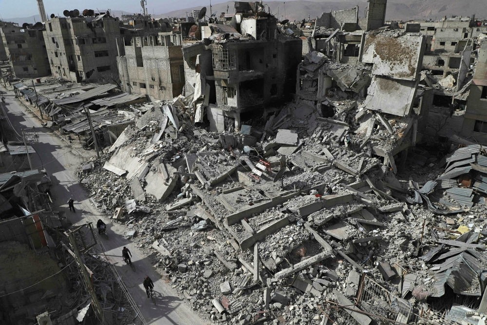Buildings destroyed in Syrian regime attacks in Douma, in the opposition enclave of Eastern Ghouta on the outskirts of Damascus, March 5.