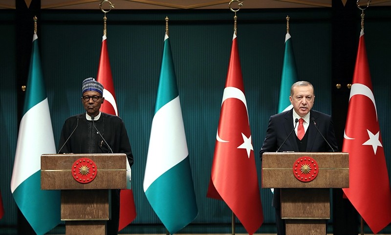 President Recep Tayyip Erdou011fan (R) speaks at a joint news conference with Nigerian President Muhammadu Buhari, Ankara, Turkey, Oct. 19, 2017. (u0130HA Photo)