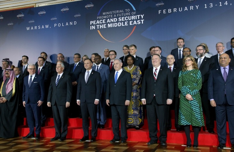 Participants pose for a group photo during the Middle East Conference at the Royal Castle in Warsaw, Poland, Wednesday, Feb. 13, 2019. (AP Photo)