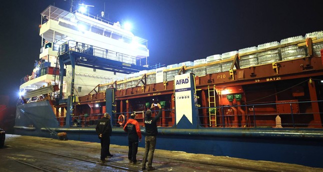 سفينة تركية محملة بالمساعدات الإنسانية من ميناء مرسين الدولي في جنوب تركيا إلى فلسطين صورة: الأناضول