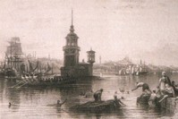 A drawing of Istanbulites taking a dip in the Marmara Sea during the Ottoman times.