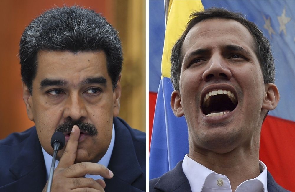 Venezuelan President Nicolas Maduro gestures during a press conference at Miraflores Presidential Palace, Caracas, Jan. 9, 2019 and the opposition leader Juan Guaido addresses a crowd during a mass opposition rally, Caracas, Jan. 23, 2019.