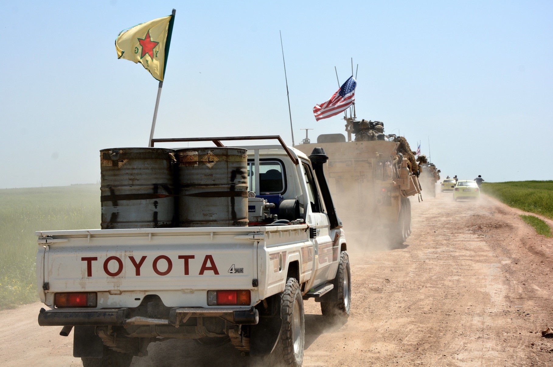 US troops and the YPG terrorists patrol the town of al-Darbasiyah town near the Syrian-Turkish border, April 29, 2017. 
