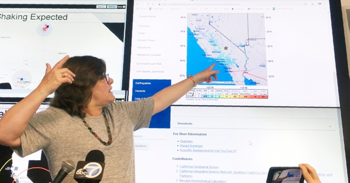 Seismologist Lucy Jones talks during a news conference at the Caltech Seismological Laboratory in Pasadena, Calif., Thursday, July 4, 2019. (AP Photo)