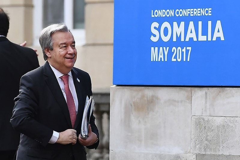 UN secretary general Antu00f3nio Guterres arrives at the London Somalia Conference at Lancaster House in London on May 11, 2017. (AFP Photo)
