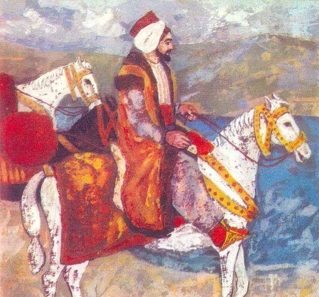A painting of Evliya Ãelebi shows the traveler on horseback.