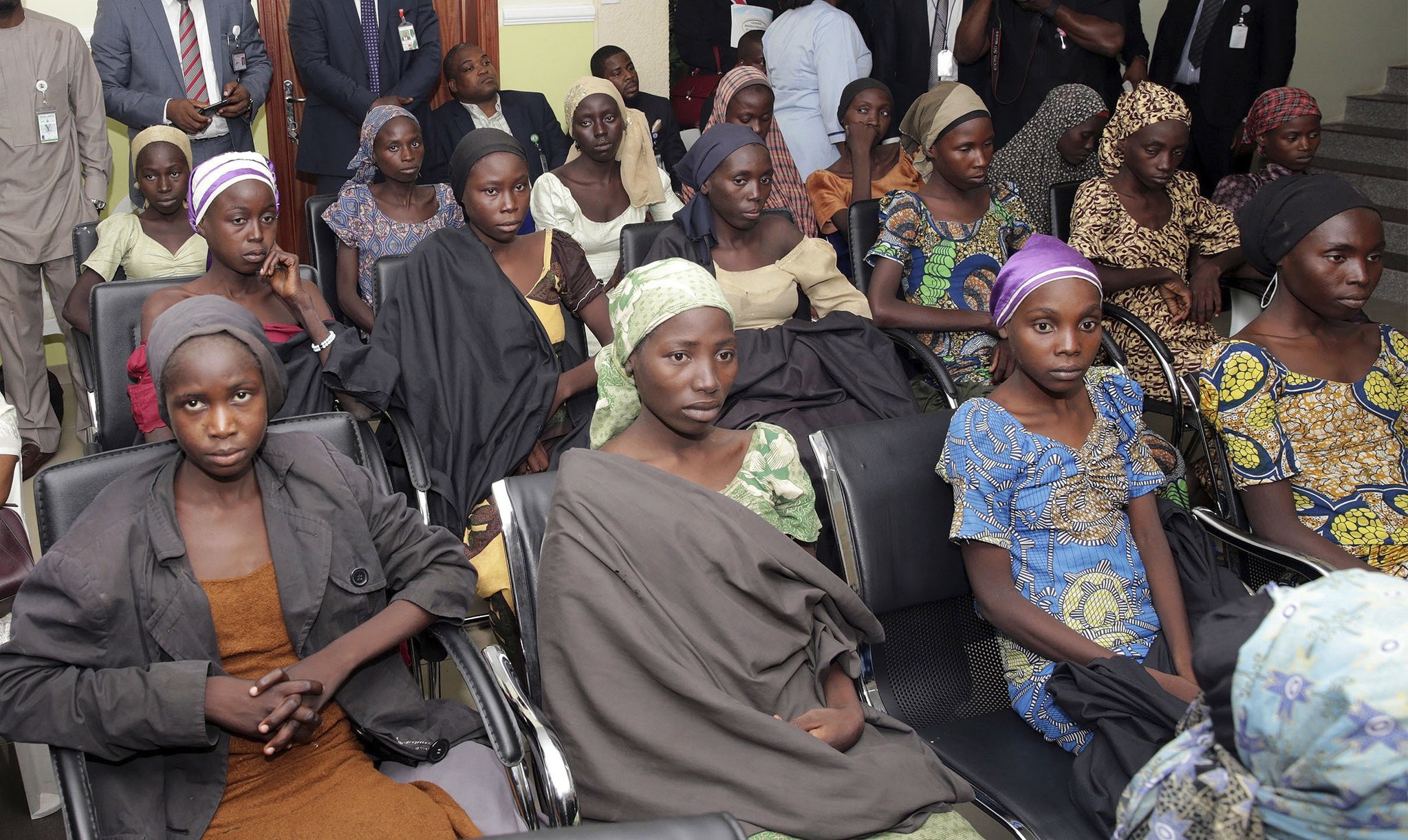 In this Thursday, Oct. 13, 2016 file photo released by the Nigeria State House, Chibok schoolgirls recently freed from extremist captivity are seen during a meeting with Nigeria's Vice President Yemi Osinbajo in Abuja. (AP Photo)