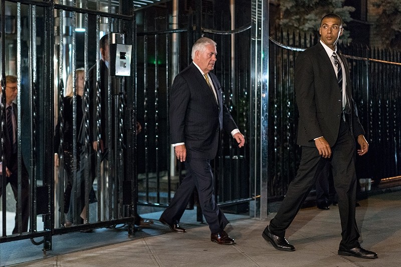 U.S. Secretary of State Rex Tillerson, center, leaves the Permanent Mission of the Russian Federation in New York, Sept. 17, 2017, after a planned meeting with Russian Foreign Minister Sergey Lavrov. (AP Photo)