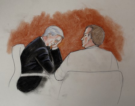 Taylor Swift Radio Host	  In this courtroom sketch, defendant David Mueller, a former radio DJ, left, sits with his attorney during a trial Aug. 10, 2017. (AP Photo)