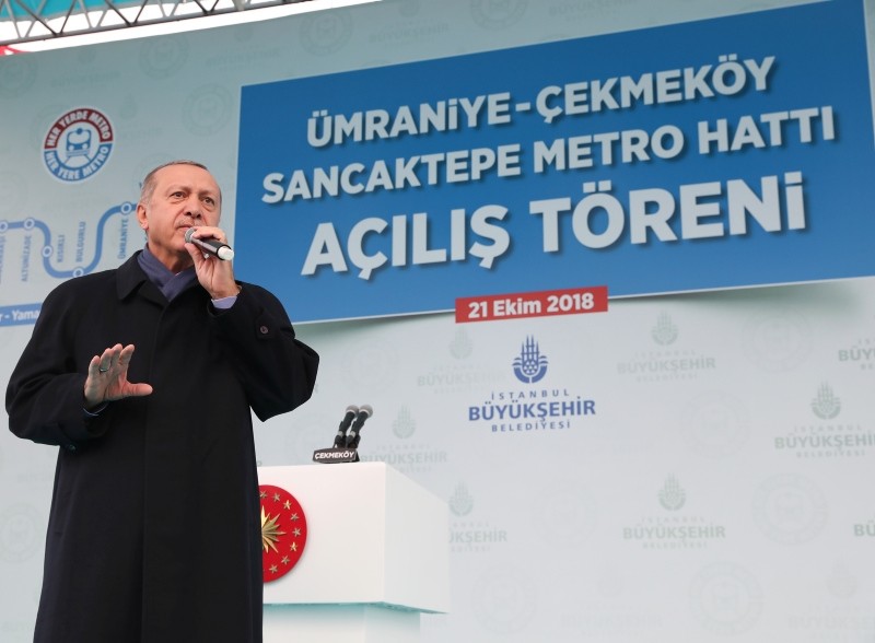 President Recep Tayyipt Erdou011fan addresses attendees of an inauguration ceremony in u00c7ekmeku00f6y district, Istanbul, Oct. 21, 2018. (AA Photo)