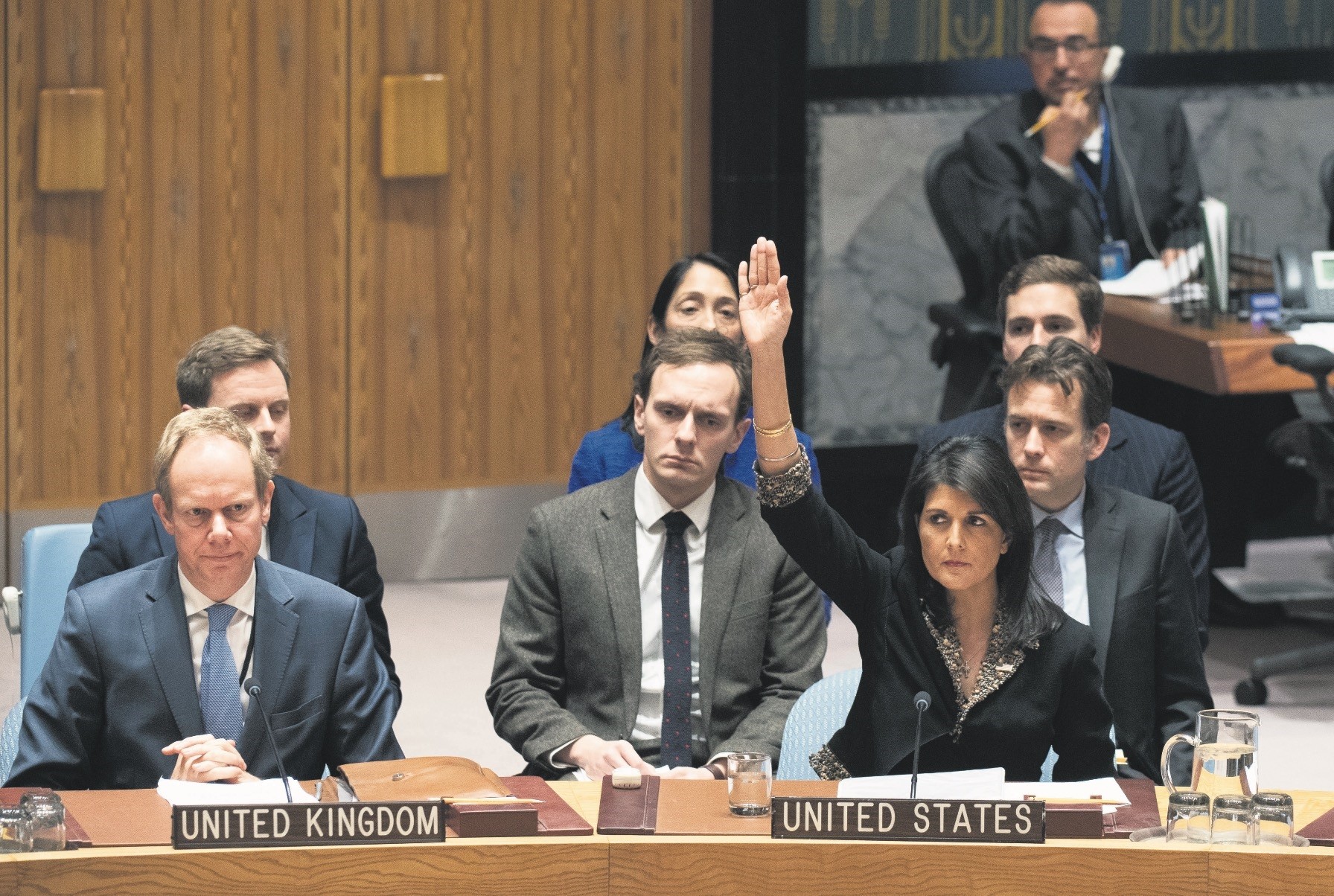 U.S. ambassador to the United Nations Nikki Haley (R) raises her hand as she votes against a resolution concerning Jerusalem's status at U.N. headquarters, New York City, Dec. 18. 