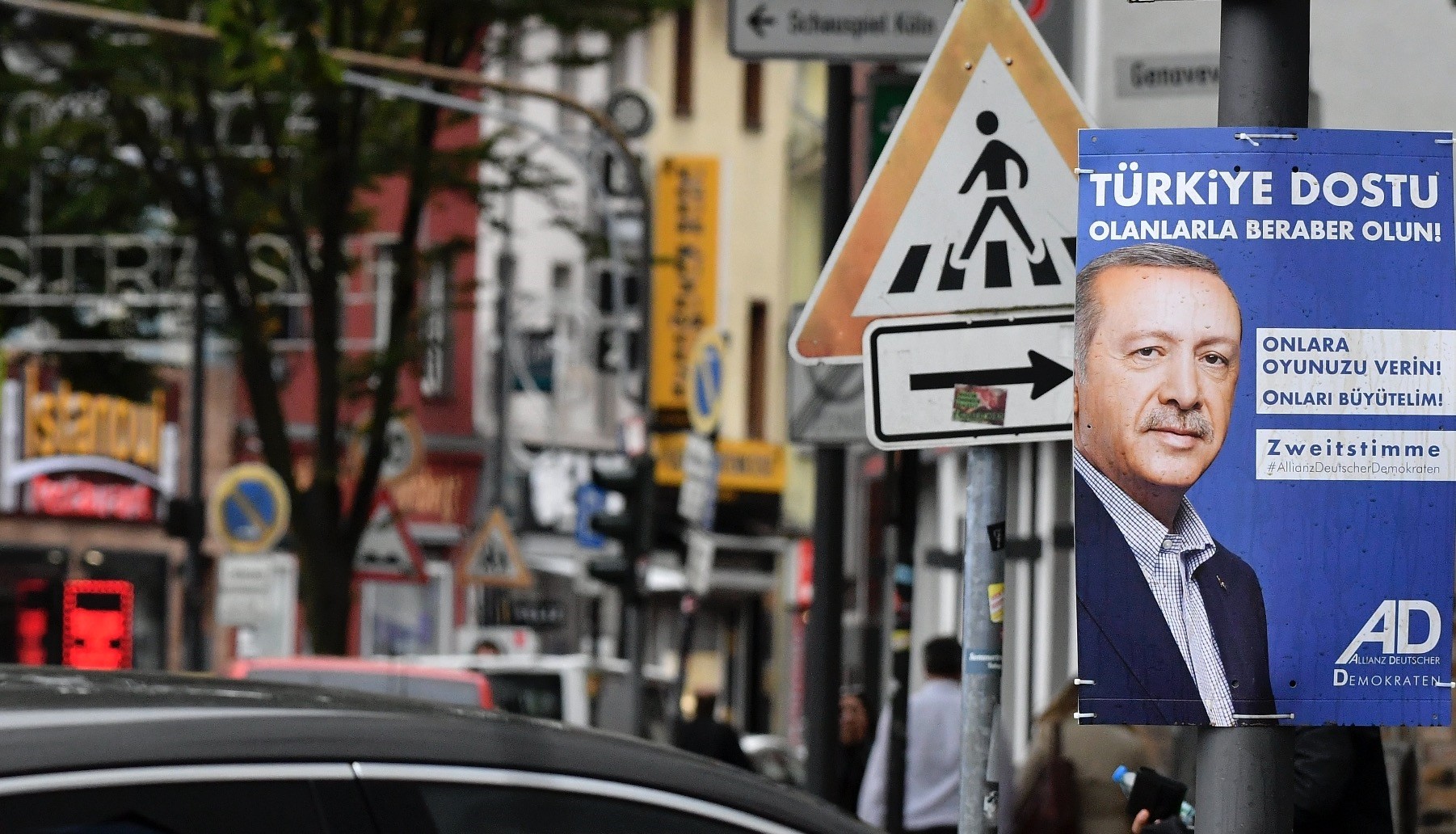 A campaign poster of the Alliance of German Democrats (ADD) party for the German election 2017 shows portrait of President Recep Tayyip Erdou011fan and a slogan that reads u201cStand together with Turkeyu2019s friends. Give them your votes! Help them grow!u201d