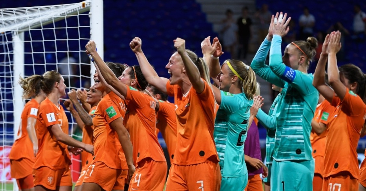 Dutch players celebrate after winning the Women's World Cup semifinal soccer match against Sweden at the Stade de Lyon outside Lyon, France, Wednesday, July 3, 2019. (AFP Photo)