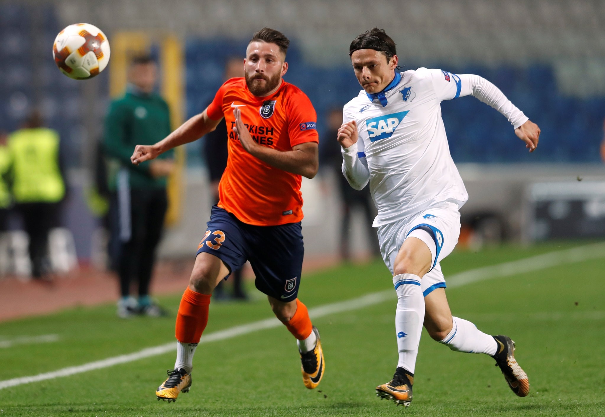 Bau015faku015fehiru2019s Tunay Torun (L) in action with Hoffenheimu2019s Nico Schulz. Bau015faku015fehir drew 1-1 against Hoffenheim in the UEFA Europa Leagueu2019s Group C match on Thursday evening.