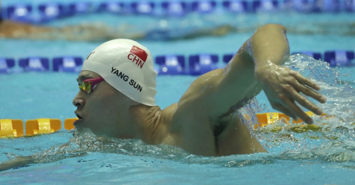 Sun Yang swims during a training session ahead of medal events in Gwangju, July 16, 2019.